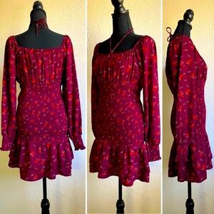 GUESS • Beautiful Smocked Red Burgundy Long sleeve Floral Mini Tiered Dress